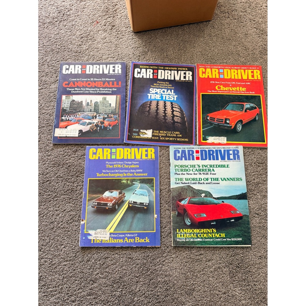 Vintage 1975 Car and Driver Magazine Lot 5 Issues Cannonball Run Countach 70s